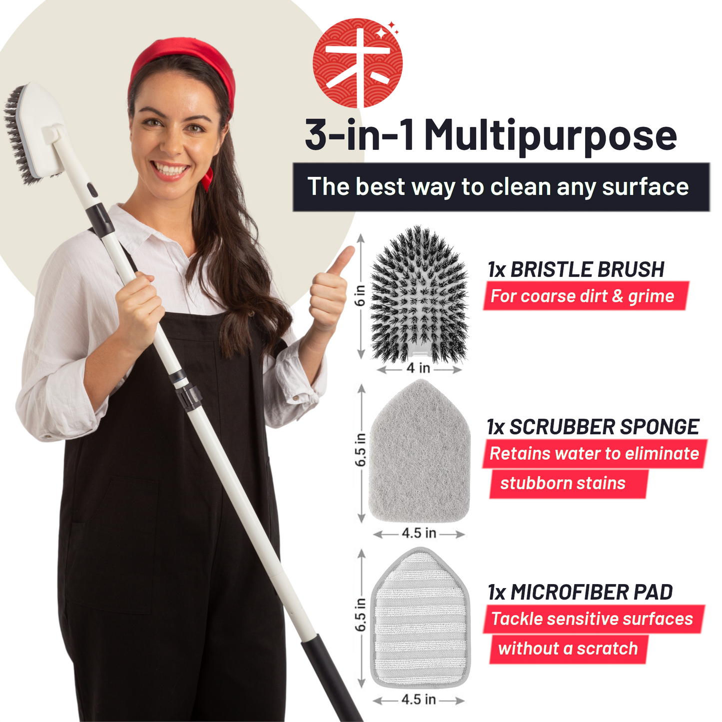 Shower Scrubber 3 in 1 Extendable Long Handle 58" Cleaning Brush